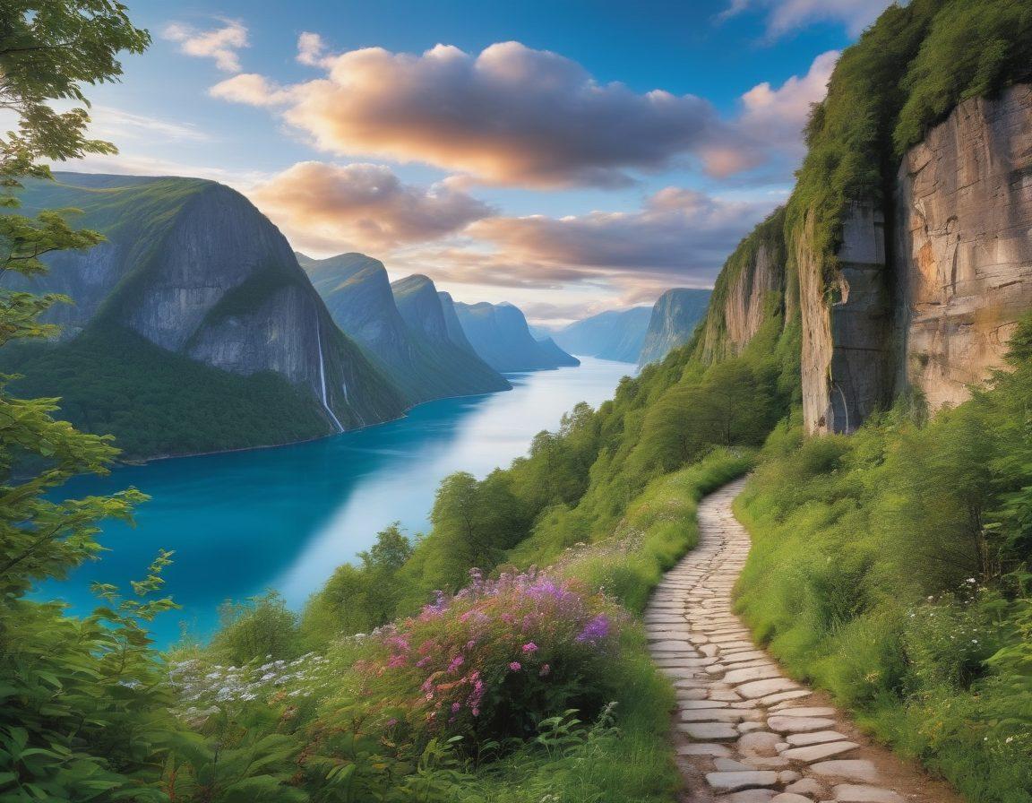 A stunning landscape showcasing a breathtaking fjord with towering cliffs in the background, transitioning seamlessly into a lush, dense forest filled with vibrant greenery. In the foreground, a winding path invites exploration, lined with native flora and accompanied by faint echoes of cultural heritage symbols subtly integrated into the scenery. The sky is a brilliant blue with wispy clouds, enhancing the sense of adventure and nature's beauty. super-realistic. vibrant colors.