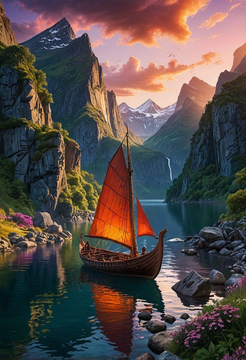 A breathtaking illustration of a Viking ship sailing through a dramatic fjord, with majestic mountains and lush greenery surrounding the scene. In the foreground, Norse runes are engraved on ancient stones, hinting at adventure. The sky is filled with vibrant hues of sunset, casting a magical glow over the water. Infuse the atmosphere with a sense of exploration and lore. super-realistic. vibrant colors. 3D.