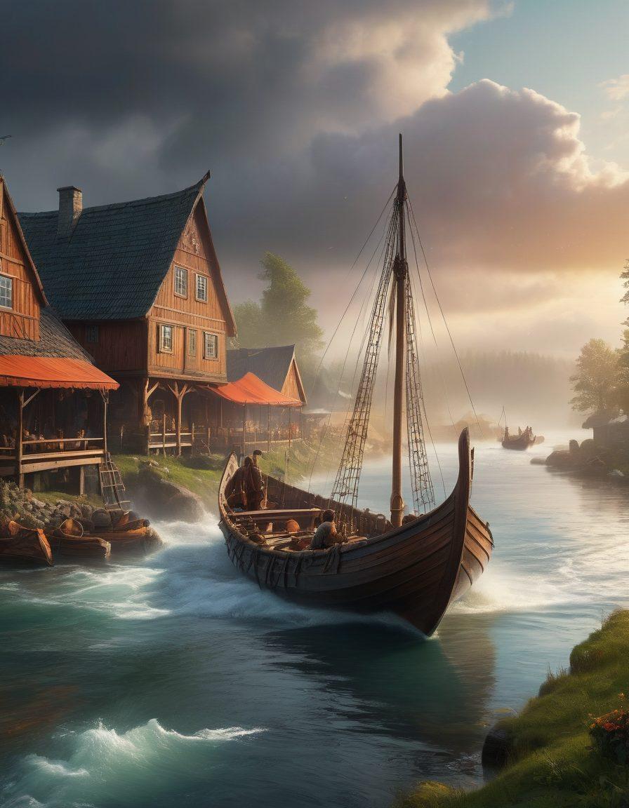 A dynamic scene showcasing a Viking longship sailing through misty waters, surrounded by ancient Nordic landscapes; include glimpses of Vikings in authentic armor exploring a bustling village with traditional wooden houses and market stalls; add subtle time-travel motifs like glowing portals or clock gears in the background. super-realistic. vibrant colors. historical illustration.